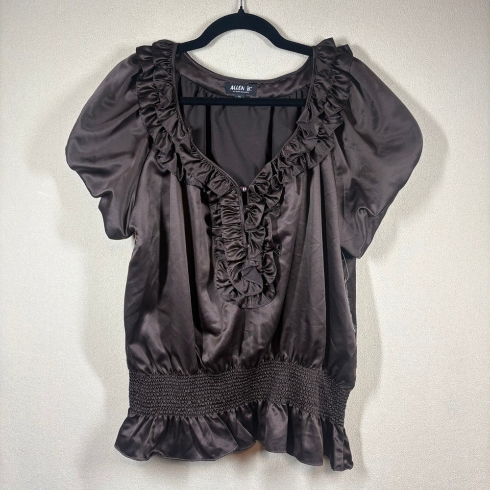 NWT Allen B. Chocolate Brown Satin Ruffle Puff Sleeve Dark Romantic Blouse XL